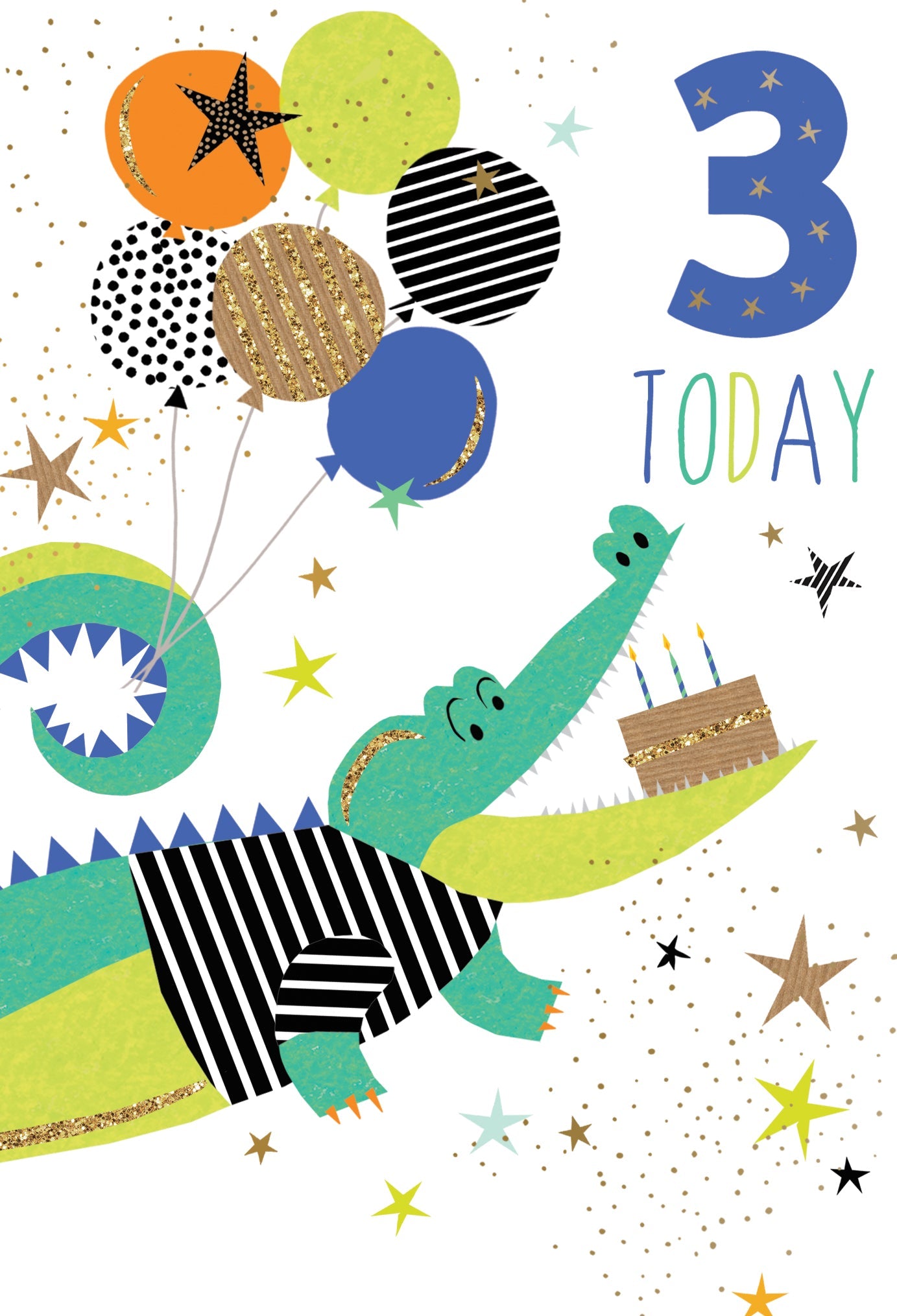 A 3rd birthday card featuring a green crocodile holding a cake, with balloons and stars.
