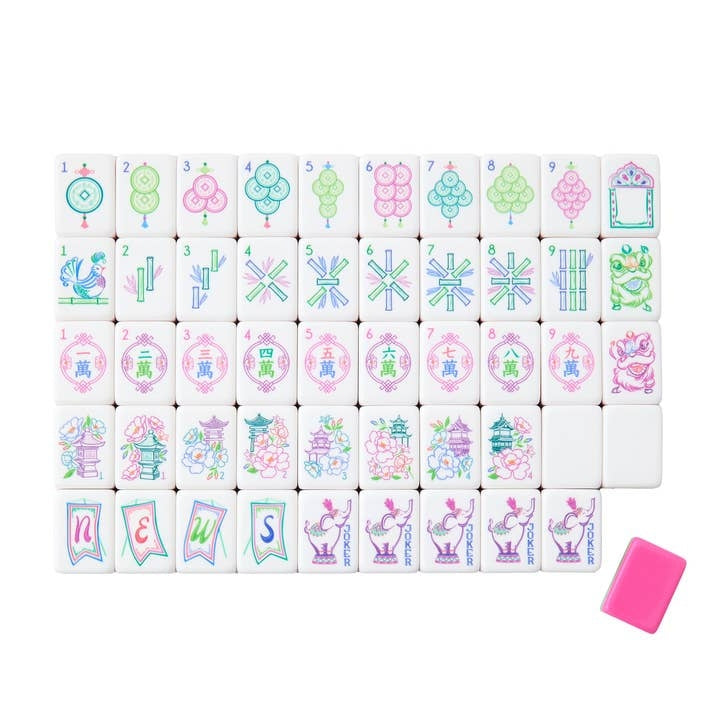 Amara Mahjong Tiles featuring colorful pink and green illustrations on white acrylic blocks.