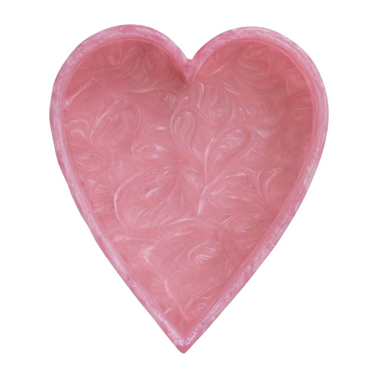 Handmade pink marbled resin heart-shaped tray with white swirls.