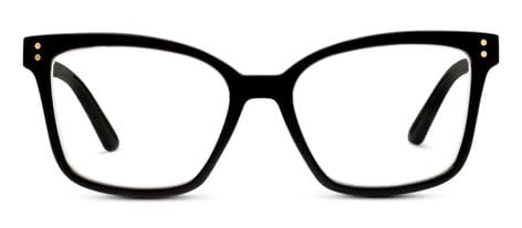Octavia eyeglasses in black recycled polycarbonate with gold hinge accents.