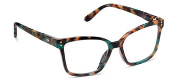 Octavia teal acetate eyeglasses with gold hinges on a white background