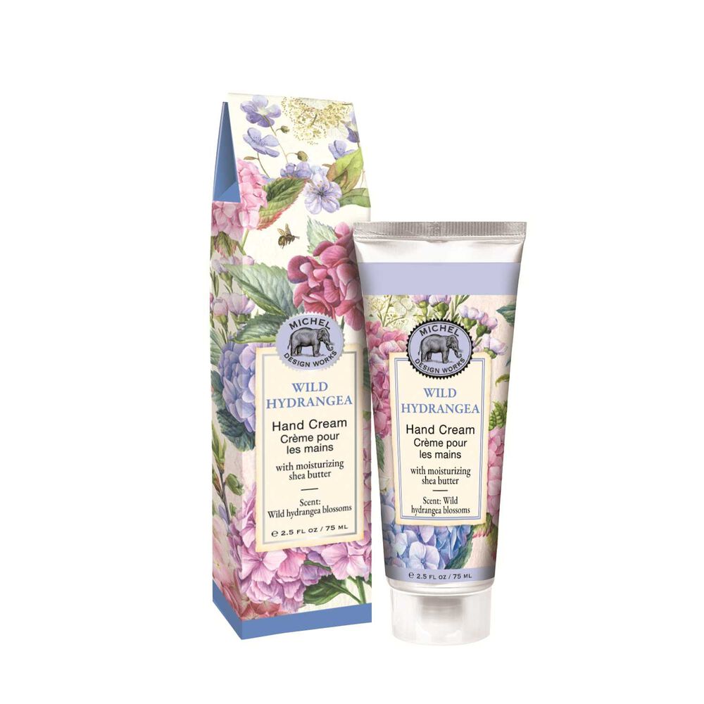 Michel Design Works Wild Hydrangea Hand Cream 2.5 oz tube and matching floral gift box.