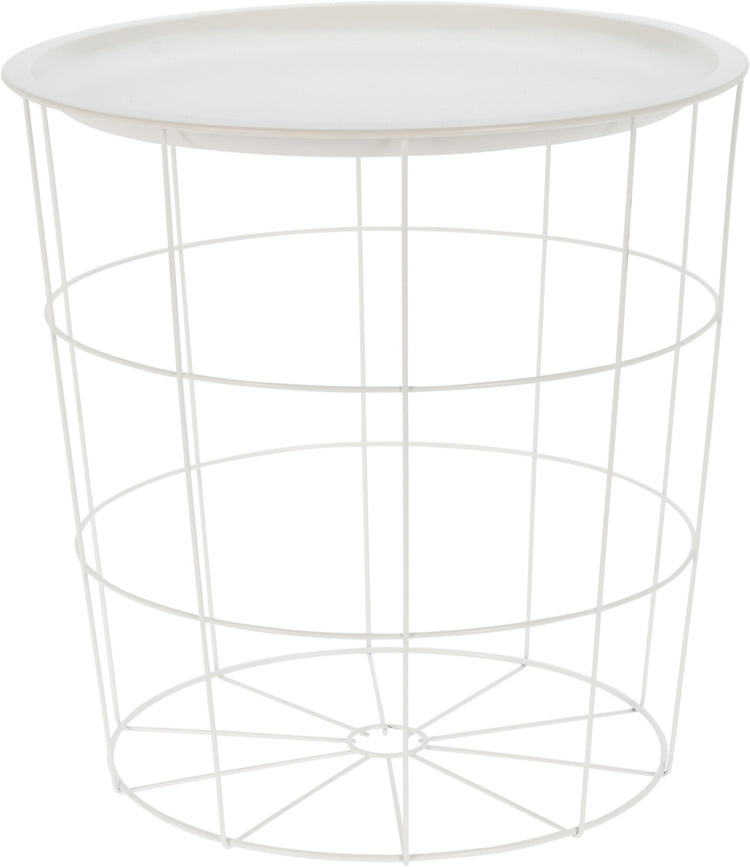 White metal side table with a square frame and open shelf base.