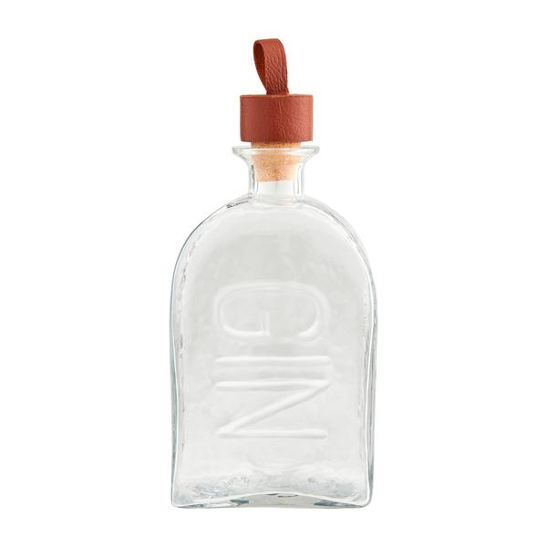Embossed glass decanter with cork stopper featuring a genuine leather loop topper.