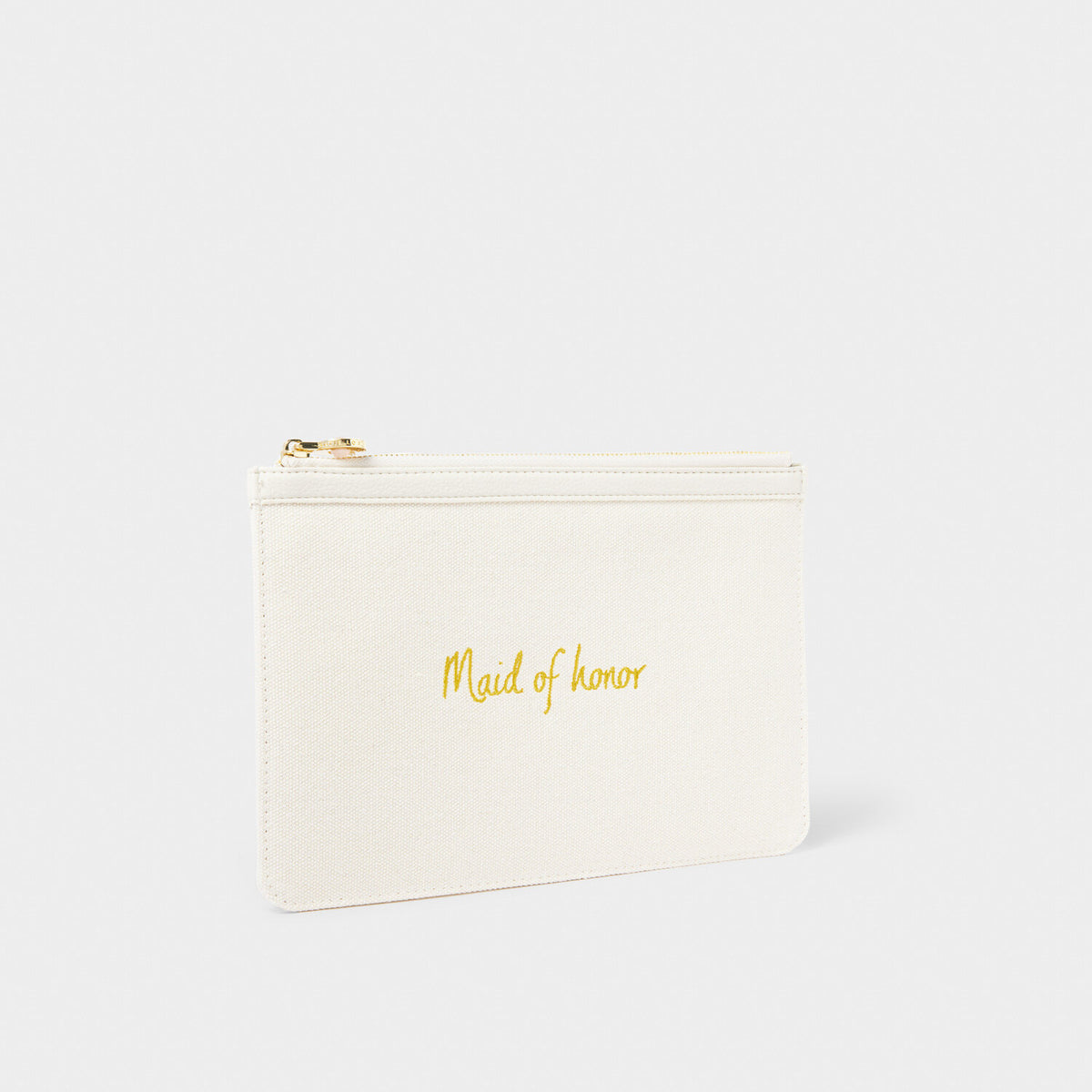 Off-white canvas pouch with gold 'Maid of honor' script and a gold-tone zipper.
