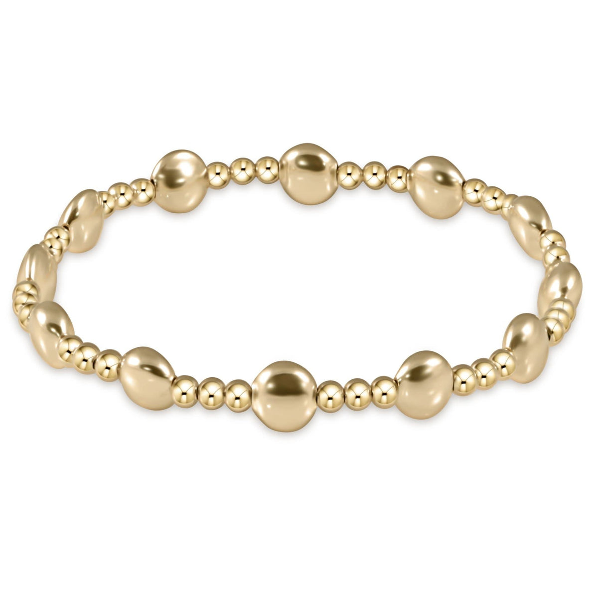 Gold-filled bracelet with 6mm honesty gold beads in a sincerity pattern on elastic cord
