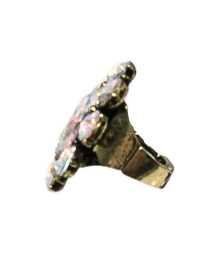 Side view of an antique gold flower ring featuring iridescent round stones.