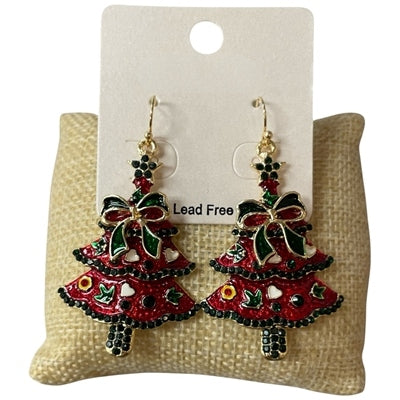 Pair of red and green Christmas tree drop earrings with black rhinestones and a gold bow.