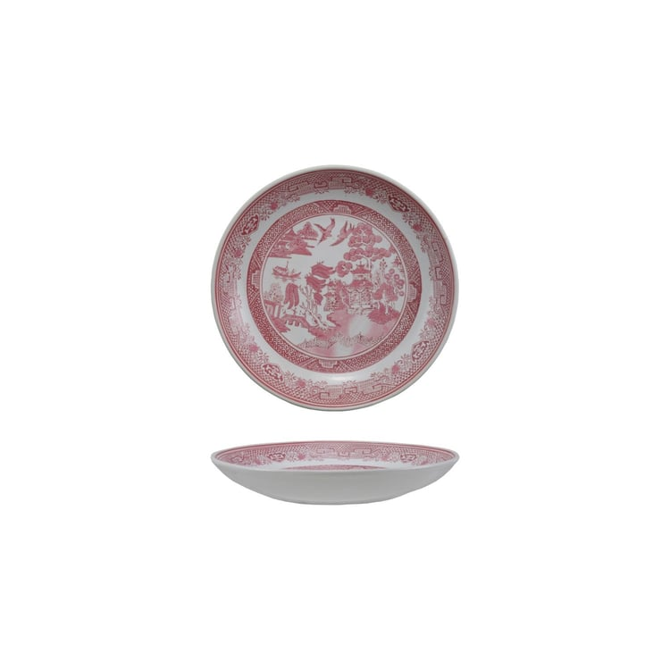 Hand-stamped stoneware plate with a red willow pattern on a white background.