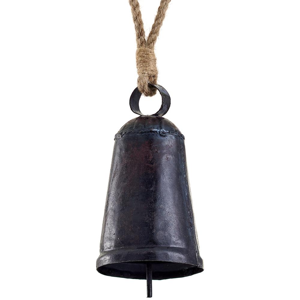 6.5-inch bell ornament made of iron with jute accents in a natural finish.