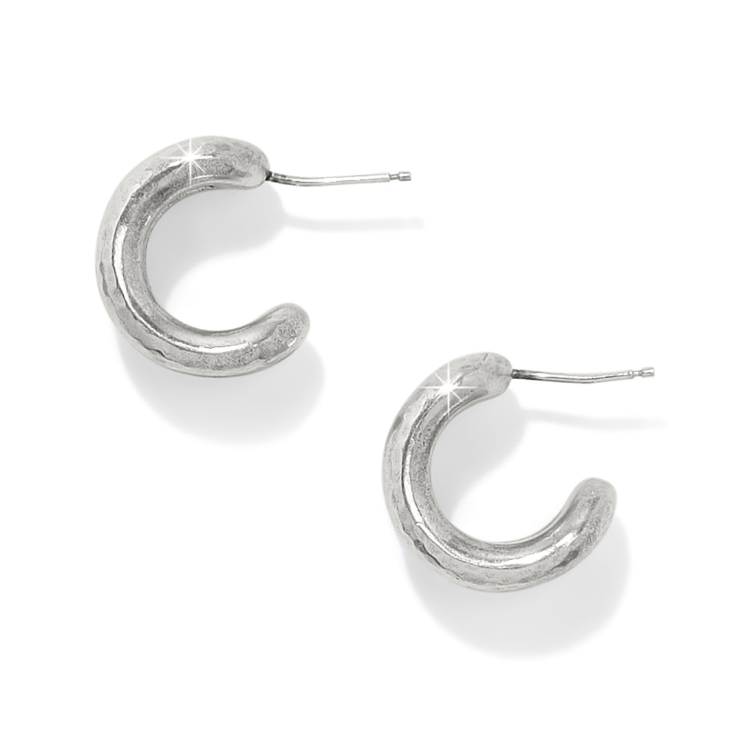 Pair of silver-tone Medici hoop earrings with a textured, hammered finish and post backs.