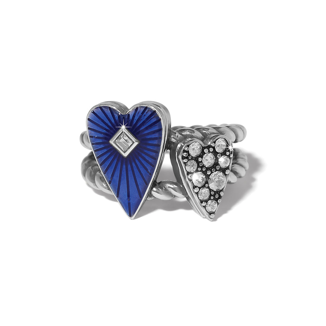 Silver-plated ring with enamel finish featuring a large blue heart and small crystal-accented heart design.