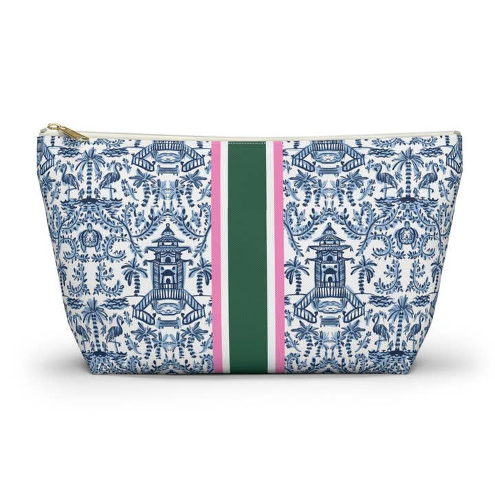 Mahjong tile pouch with blue chinoiserie pattern and a vertical green and pink stripe.