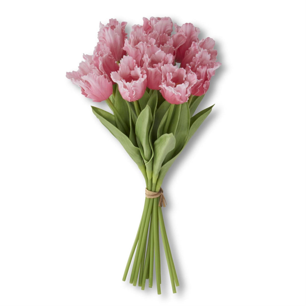 Bundle of three artificial parrot tulips in purple with green stems.