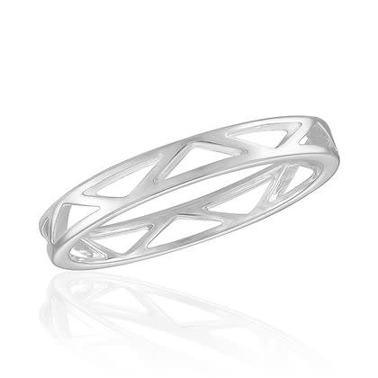Silver cut-out geometric band stack ring with a triangular pattern on a white background.