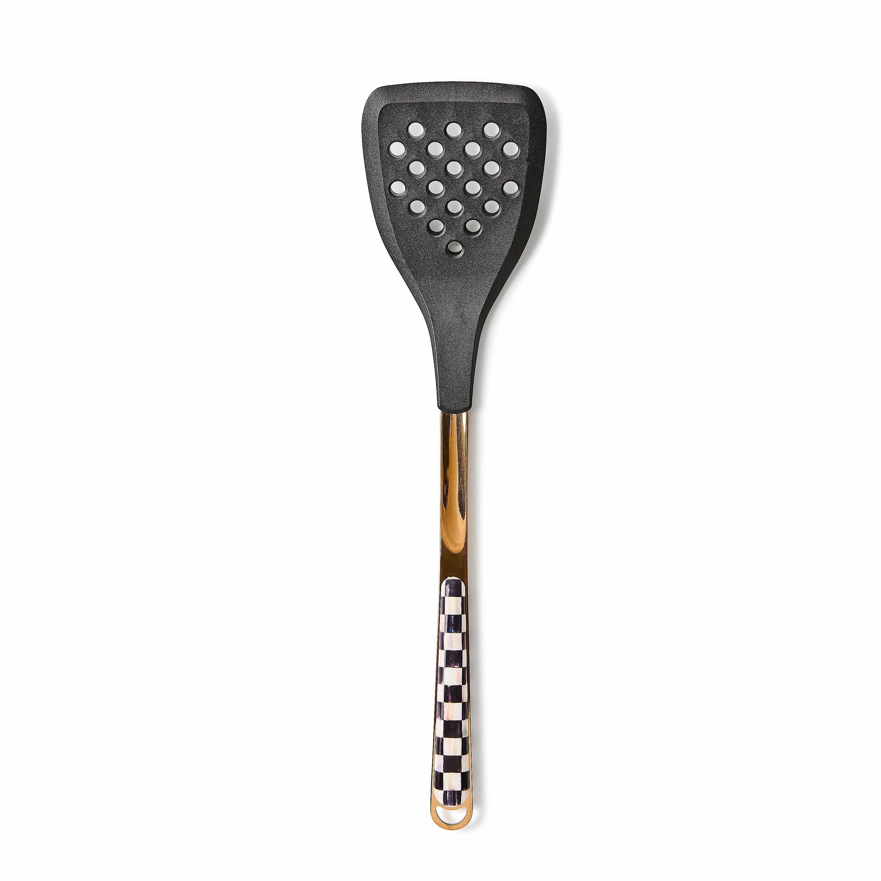 Courtly Check Slotted Spatula with a black silicone head and a gold-tone checkered handle.