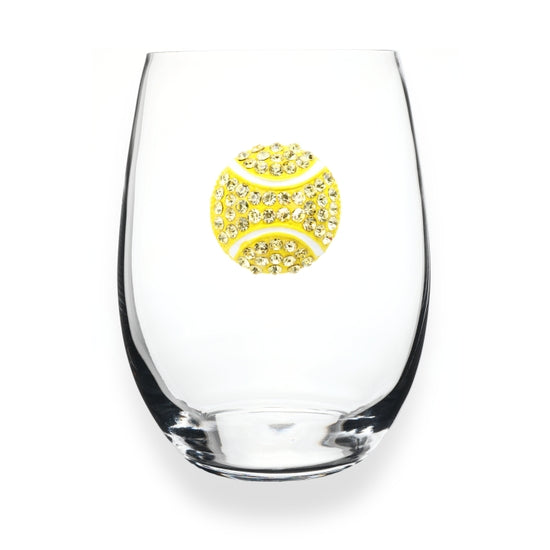 Handcrafted stemless wine glass with jeweled embellishments around the rim in clear crystal.