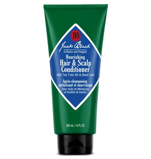 Bottle of Nourishing Hair & Scalp Conditioner with a white label and pump dispenser.