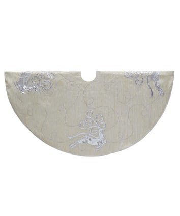 Round light gold polyester tree skirt featuring a reindeer motif.