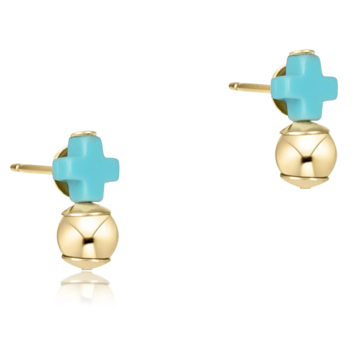 Classic gold stud earring featuring a turquoise signature cross with an 8mm gold ball.
