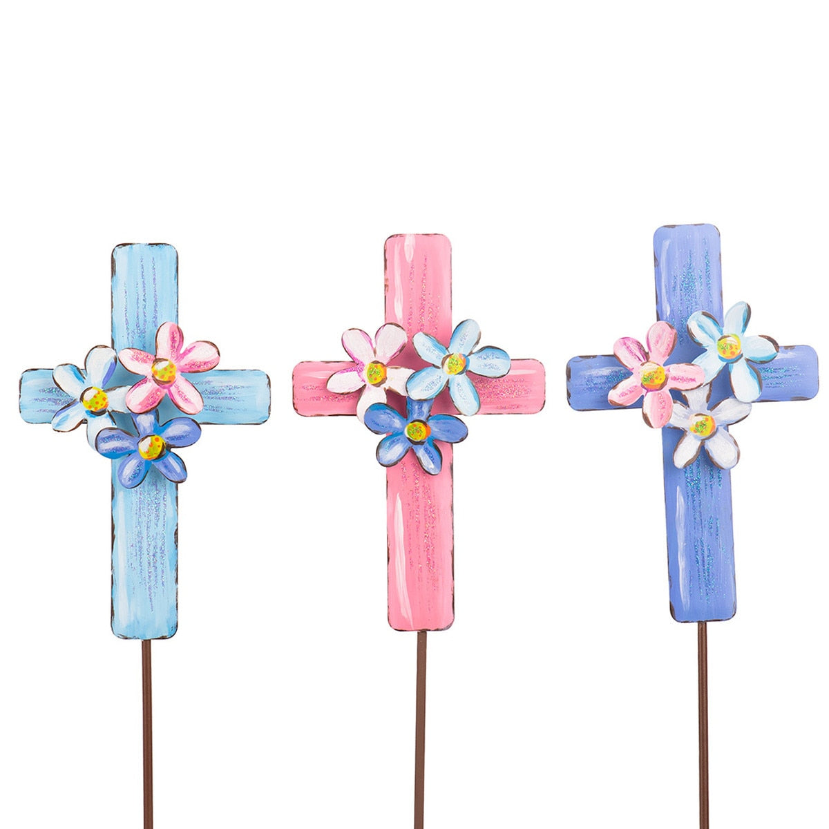 Floral Crosses stake featuring a white finish with pink floral patterns on the cross silhouette.