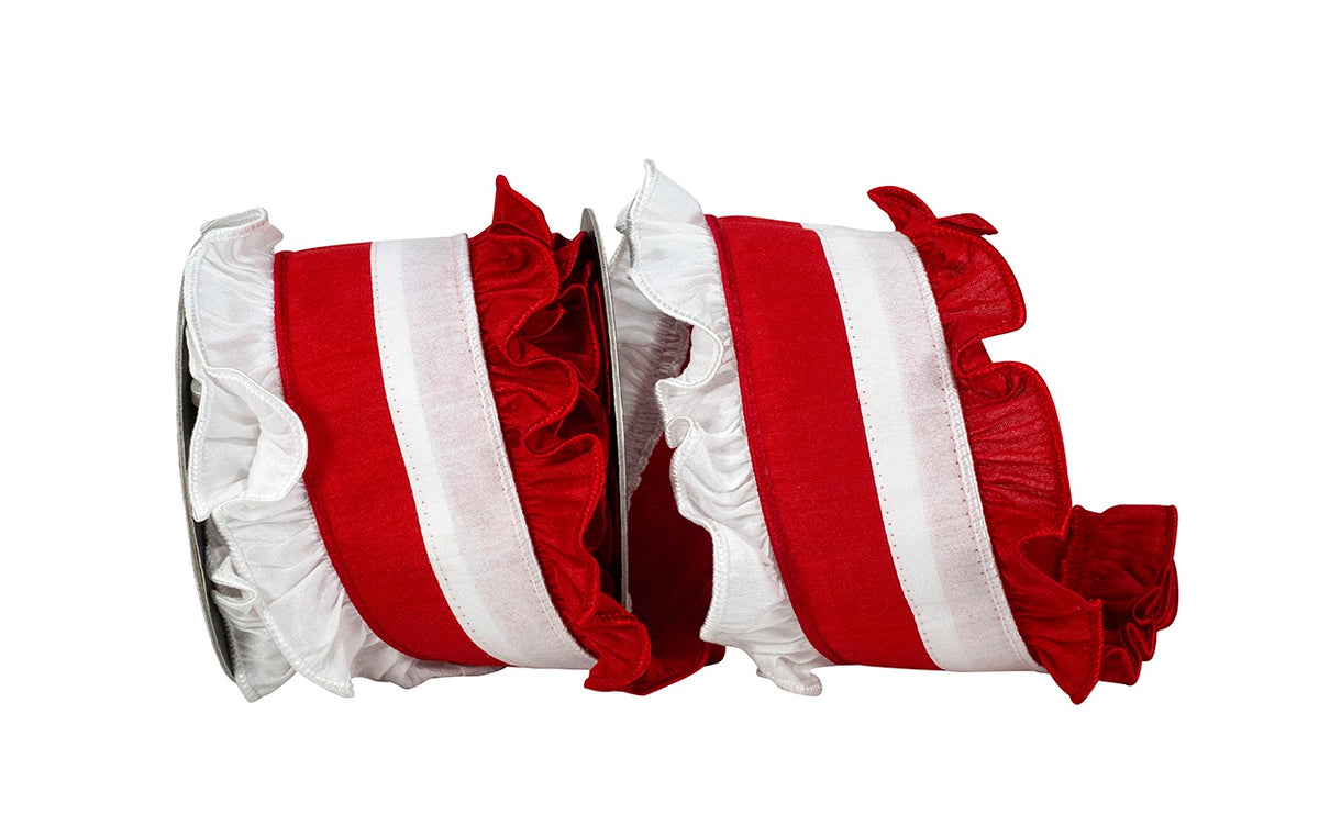 Red and white striped Ruffle Festivity Dupioni Deluxe Wired Edge Ribbon on a spool.