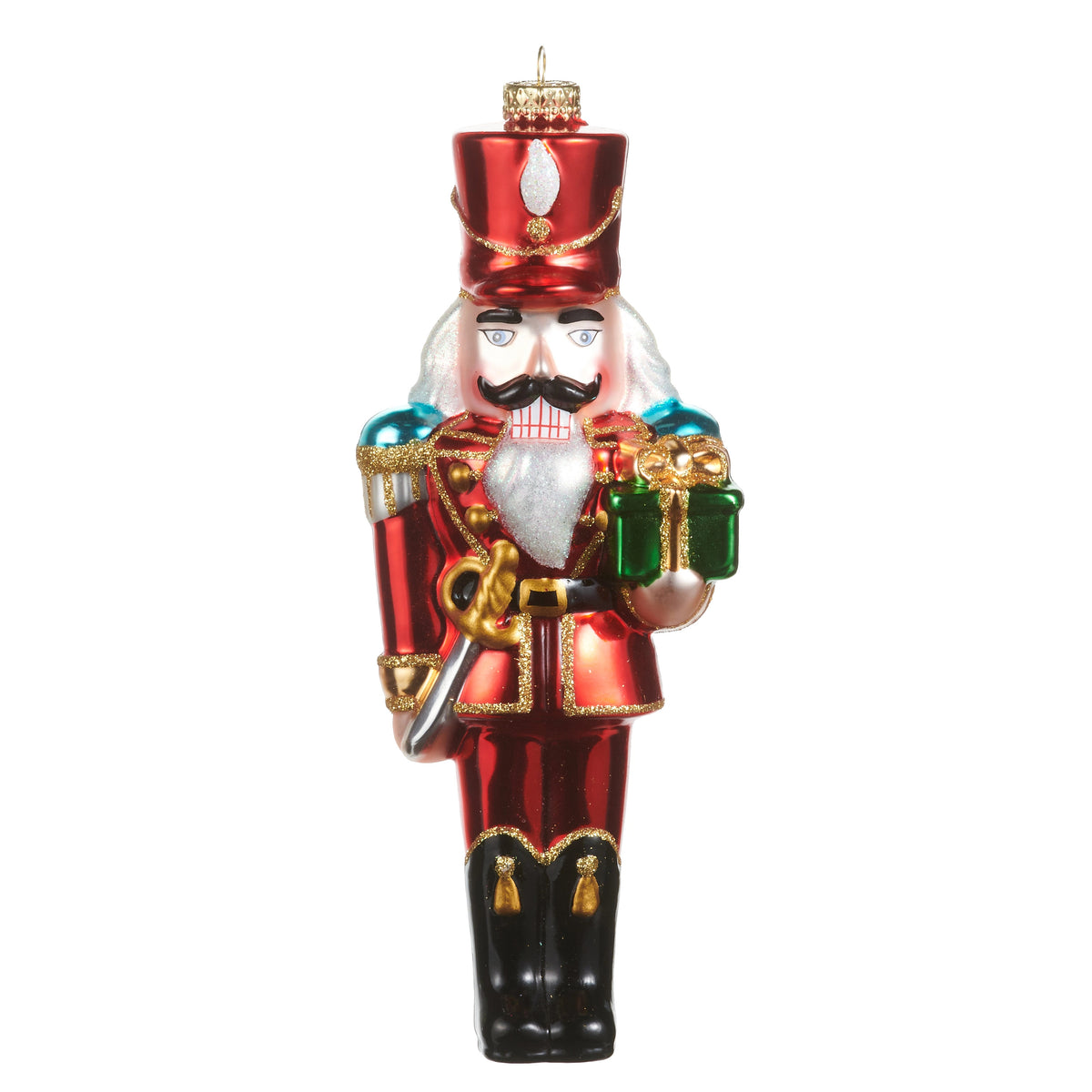 8.25-inch red glass nutcracker ornament holding a green gift box and a gold sword.