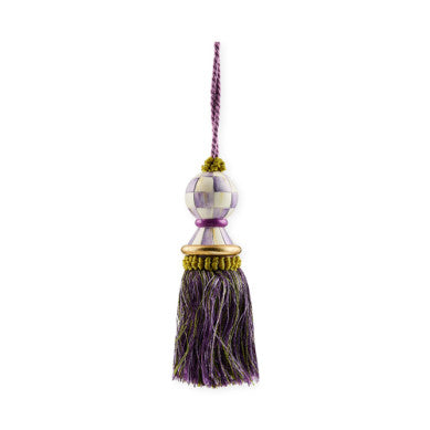 Hand-painted resin check tassel with fabric skirt in black and white.