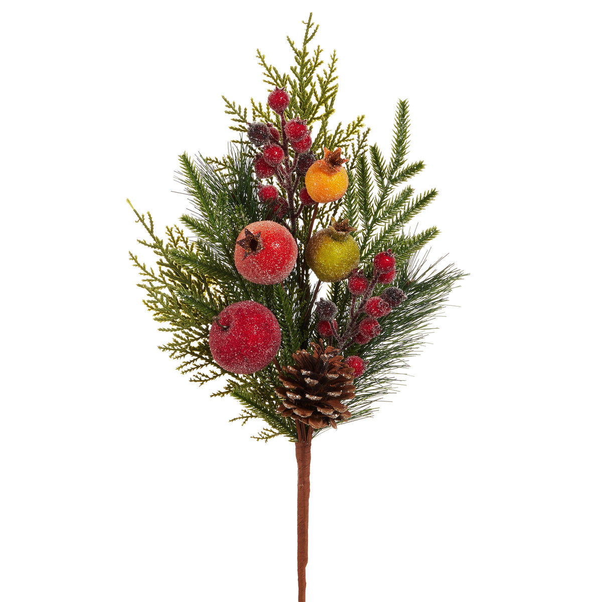 19-inch iced mixed fruit pick with red and green fruit, berries, pinecone, and evergreen branches.