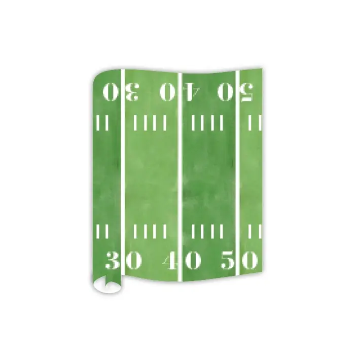 Handpainted football field table runner with yard lines and numbers on a green background.