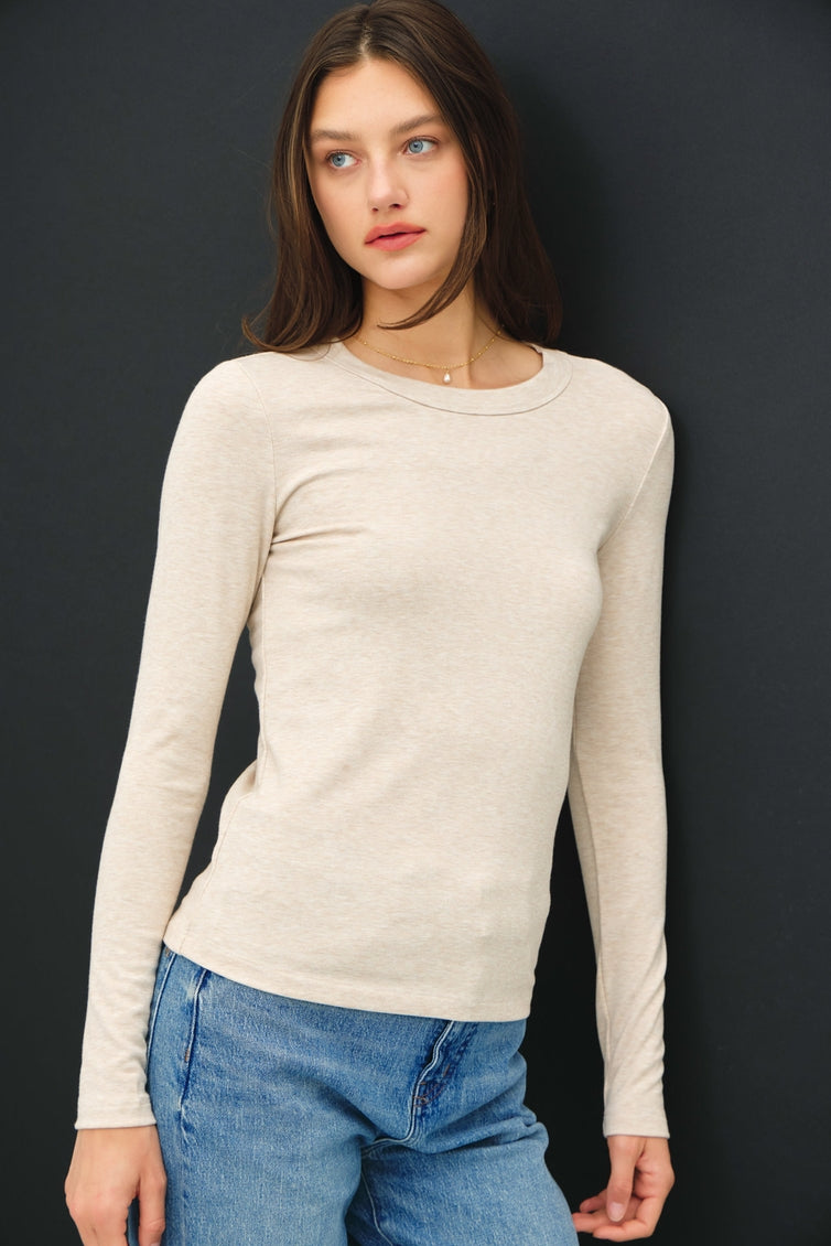 Audrey round-neck long-sleeve knit top in soft stretchy fabric with relaxed slim fit.