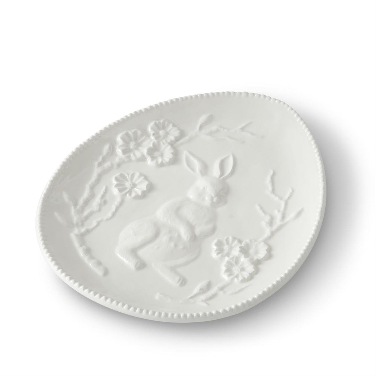 White dolomite ceramic plate with embossed Easter bunny egg shape