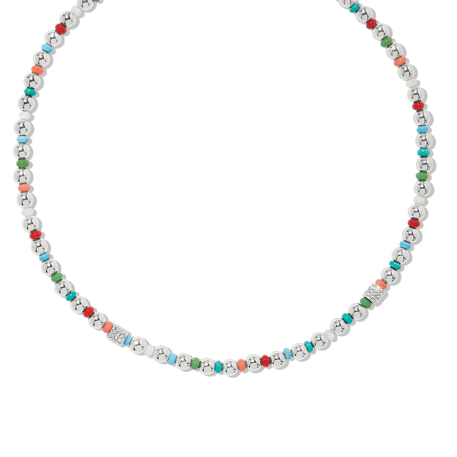 Silver plated lobster claw necklace with multi-colored petite charms on a delicate chain.