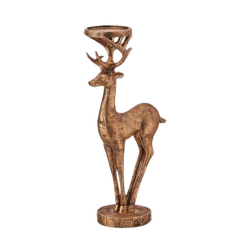Bronze-finished resin deer candle holder with intricate antler details and a round base.