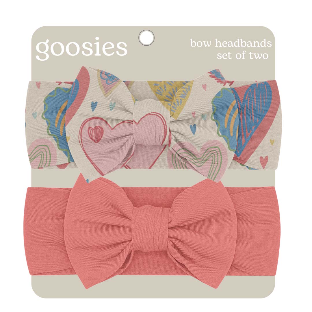 Lovestruck Hearts headband set featuring a pink heart print on soft bamboo fabric.