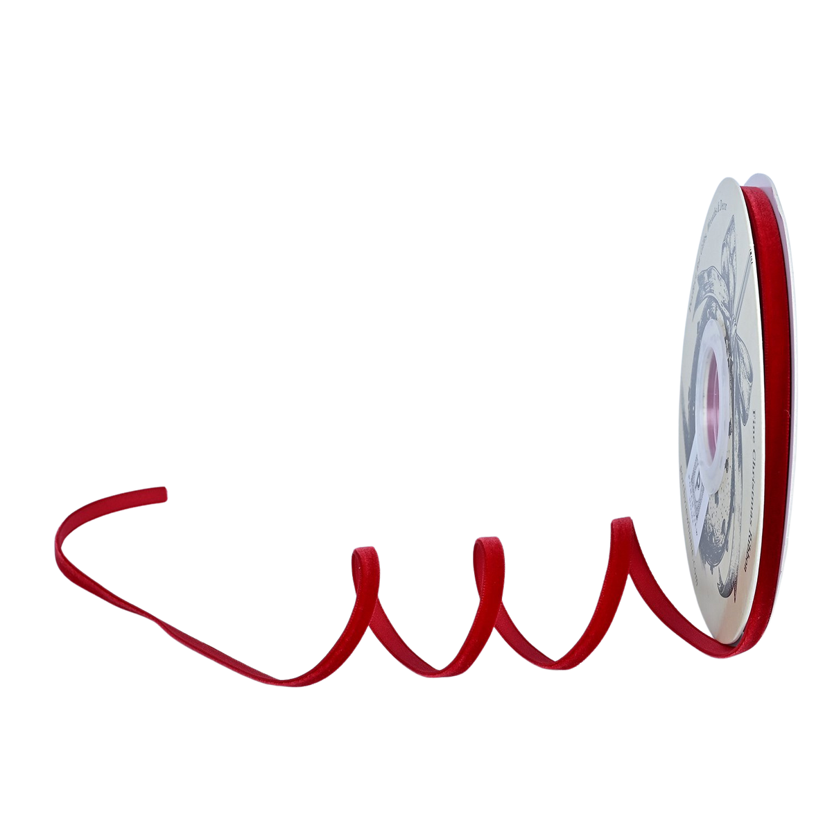 Brick red velvet finishing ribbon, 1/4 inch wide, coiled from a white spool.