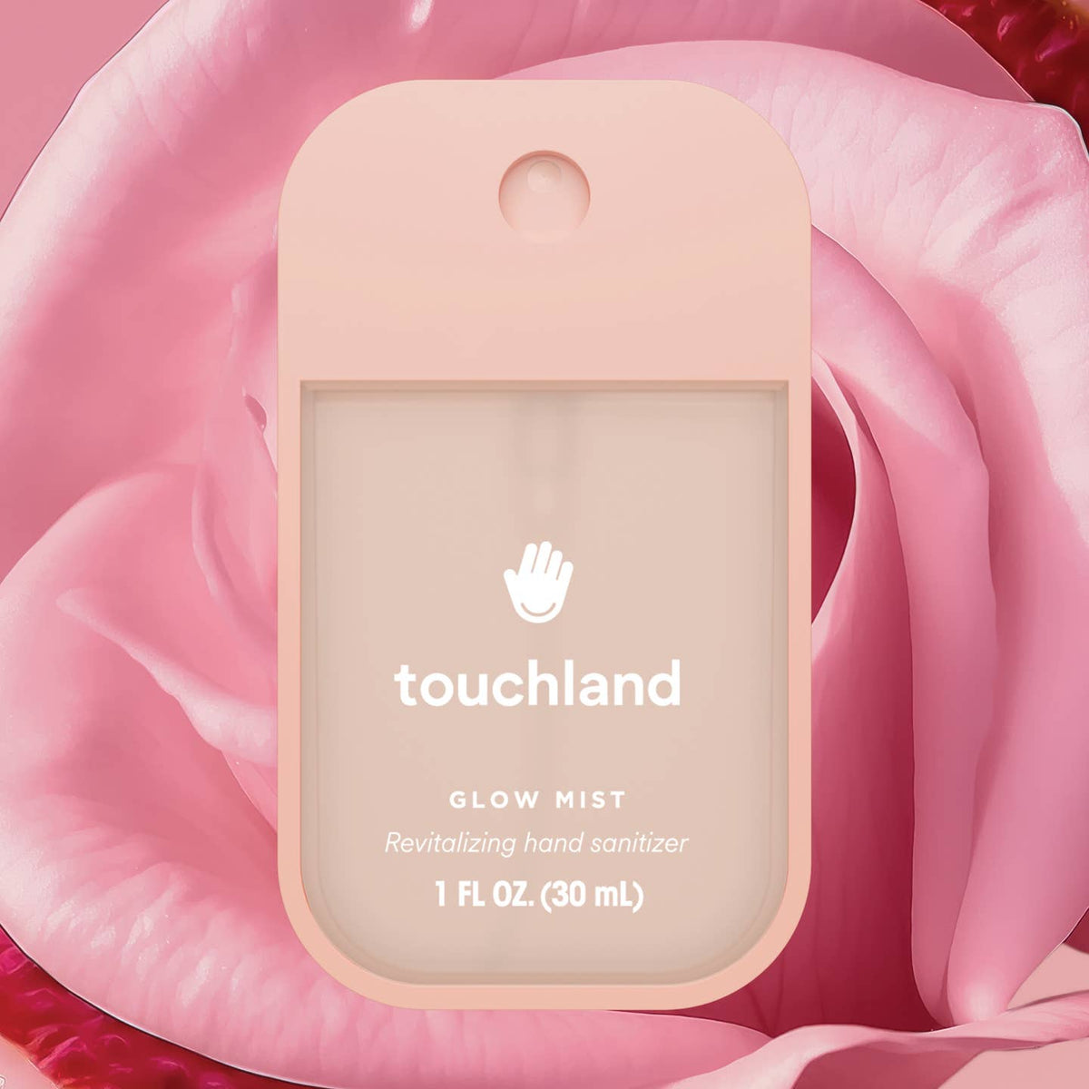Rosewater Glow Mist revitalizing hand sanitizer in a clear bottle with white cap.