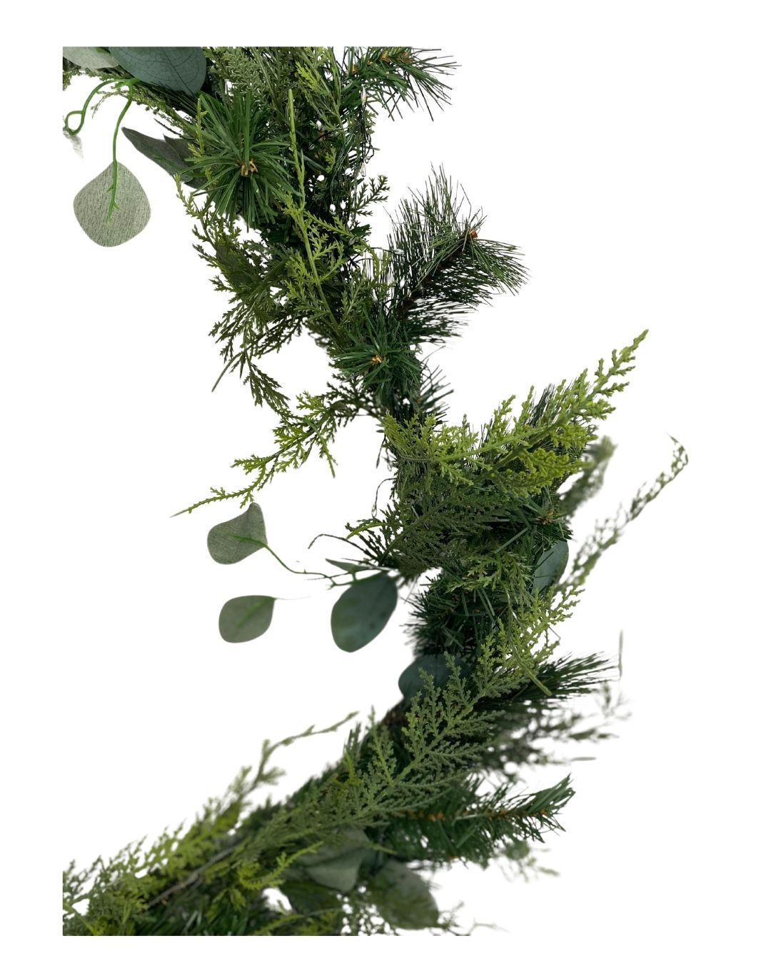 Close-up of a 6-foot mixed eucalyptus and evergreen garland with warm white LED seed cluster lights.