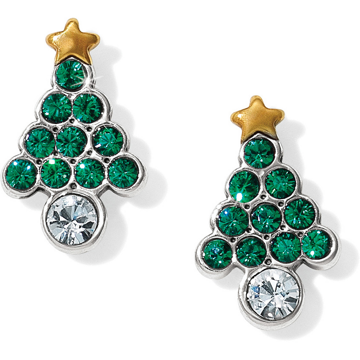 Silver Christmas tree post earrings with green crystals, a gold star, and a clear crystal base.
