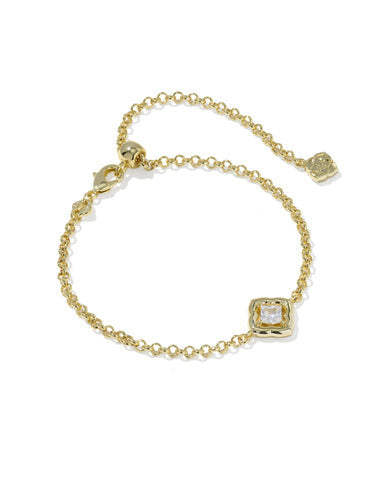Gold chain bracelet with a square medallion logo charm featuring a white cubic zirconia crystal.