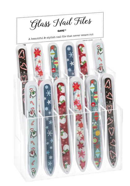 Christmas-themed glass nail files with designs of penguins, snowmen, poinsettias, ornaments, and candy canes.
