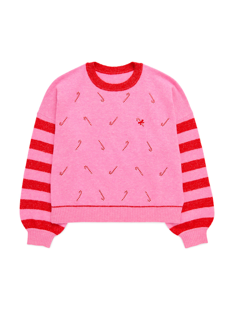 Pink relaxed sweater with embroidered candy canes and red striped sleeves.