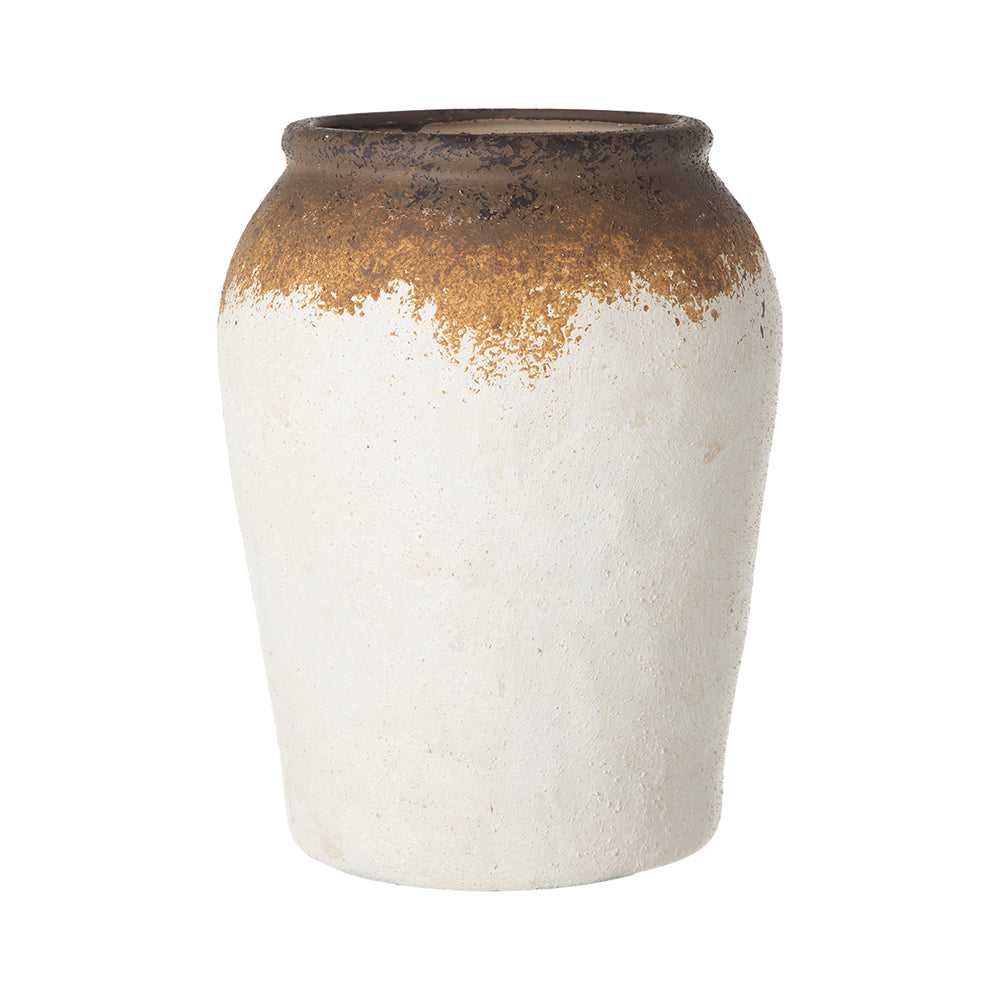 White ceramic vase with brown accents featuring a rounded silhouette.