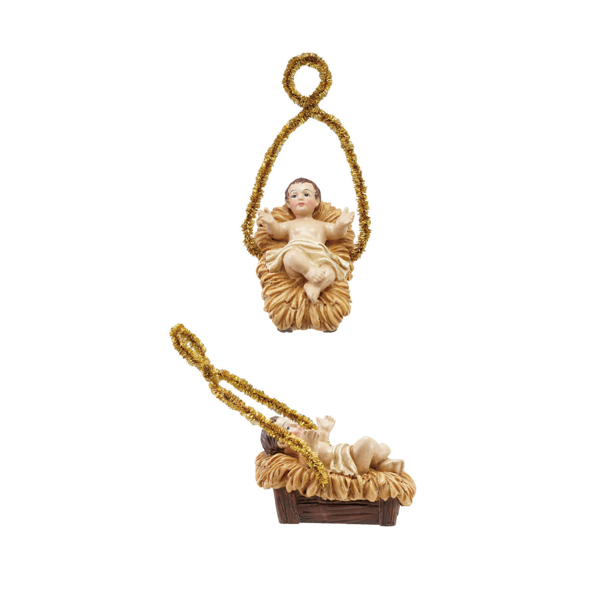 Front and side views of a resin vintage reproduction baby Jesus ornament in a straw-filled manger.