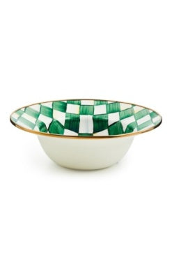 Emerald Check Serving Bowl with a green and white checkered rim and a gold-toned edge.
