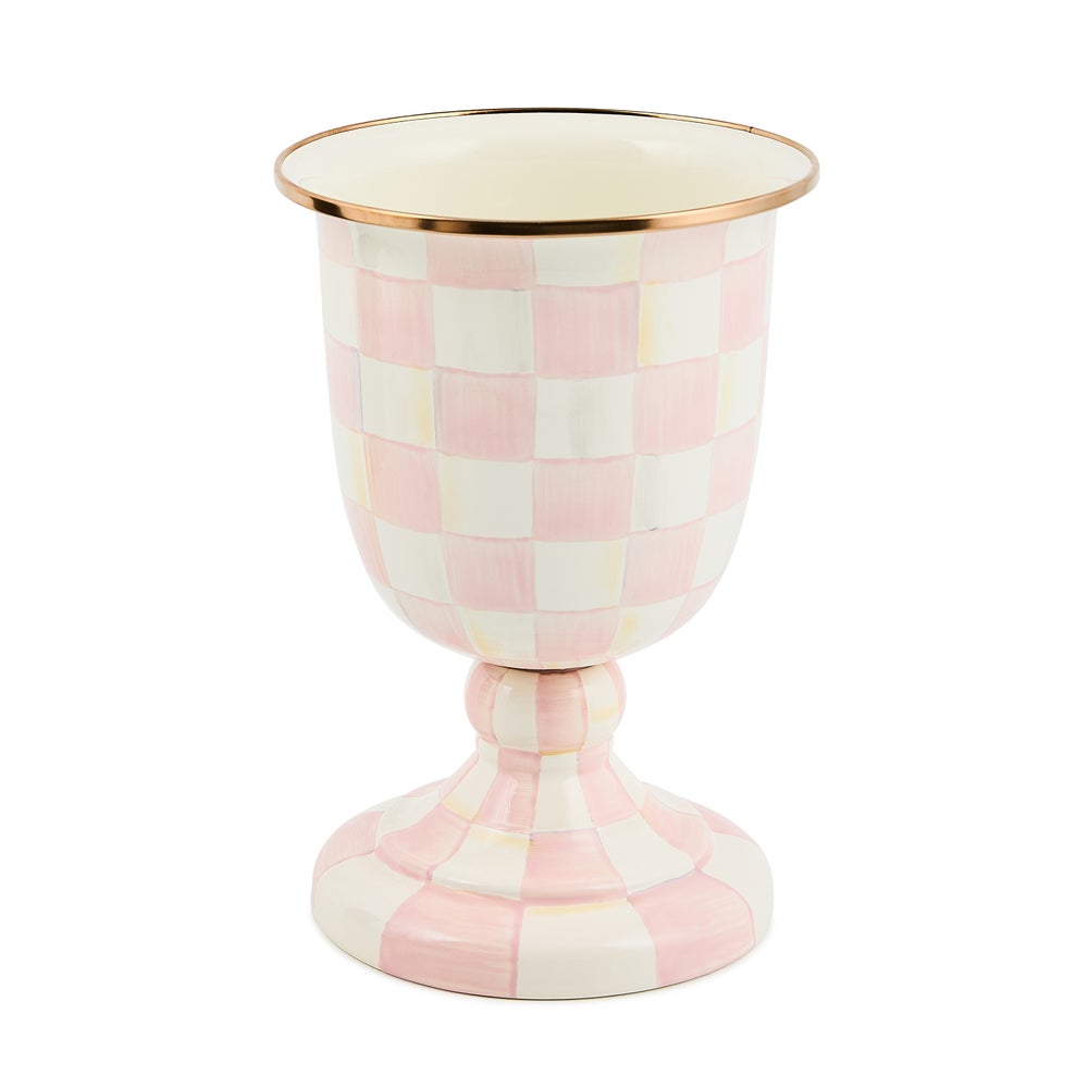 Elevated steel pedestal vase with hand-painted courtly check pattern in bronze and enamel finish.