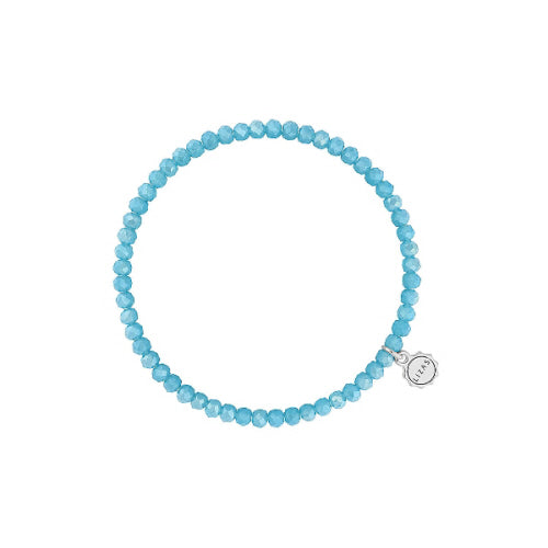 Stretchy beaded bracelet with faceted glass beads in a colorful pattern.