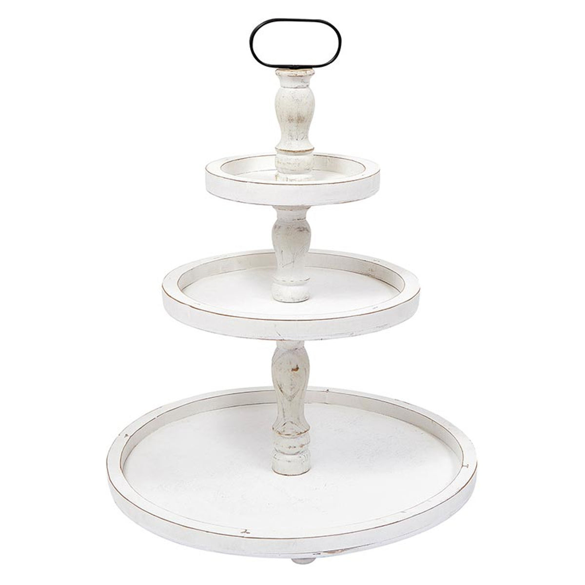 White distressed wood 3-tier round stand with a black metal handle on top.