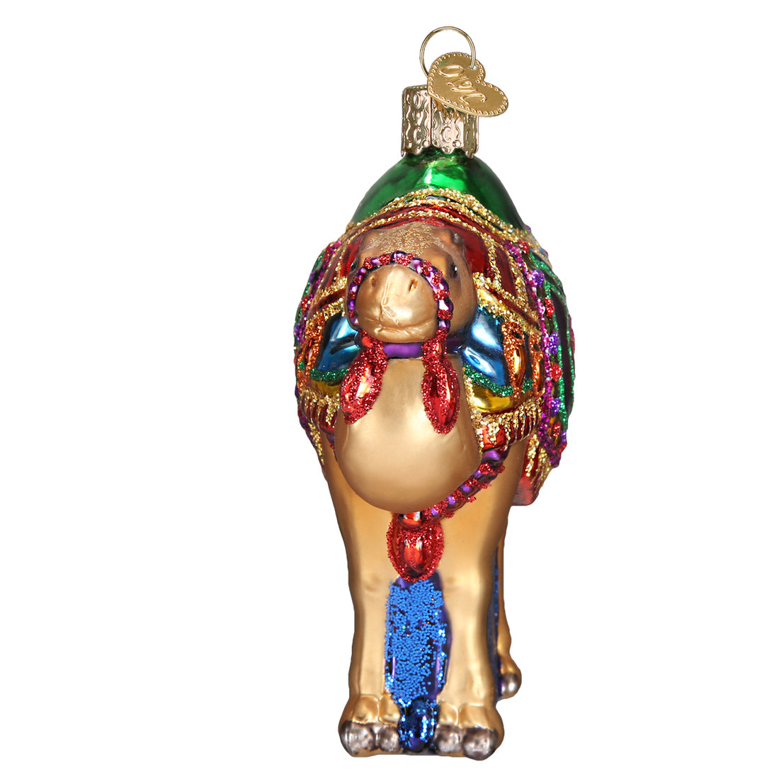 Magi's Camel glass ornament with gold body, green hump, and colorful glittered saddle and harness.