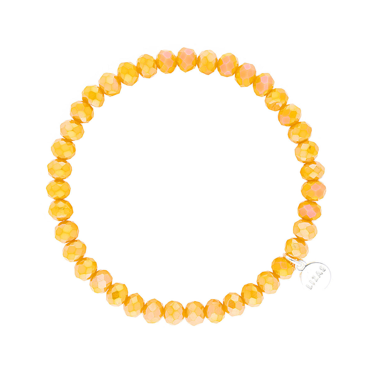 Stretchy bracelet with faceted glass beads in a colorful beaded pattern.